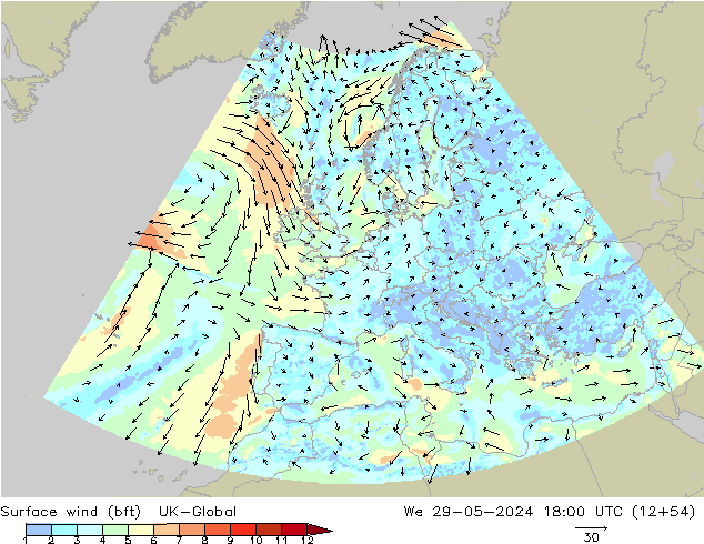 Surface wind (bft) UK-Global We 29.05.2024 18 UTC