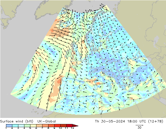 Vento 10 m (bft) UK-Global Qui 30.05.2024 18 UTC