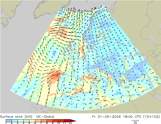 Surface wind (bft) UK-Global Fr 31.05.2024 18 UTC