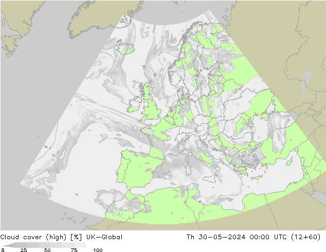 Cloud cover (high) UK-Global Th 30.05.2024 00 UTC