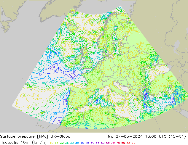 10米等风速线 (kph) UK-Global 星期一 27.05.2024 13 UTC