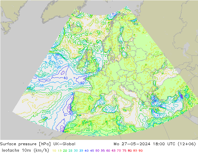 Isotachs (kph) UK-Global lun 27.05.2024 18 UTC