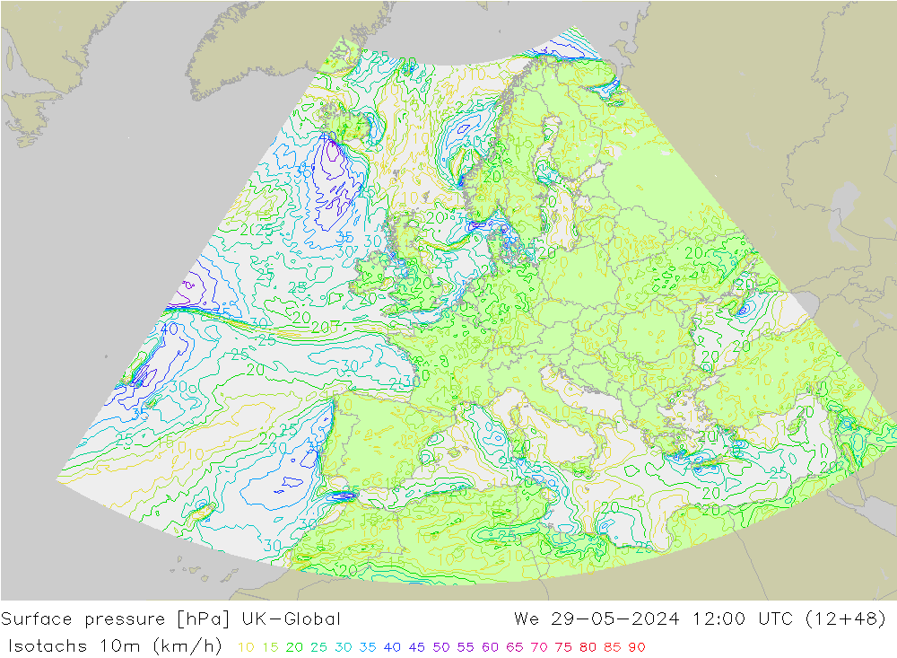 Isotachs (kph) UK-Global mer 29.05.2024 12 UTC