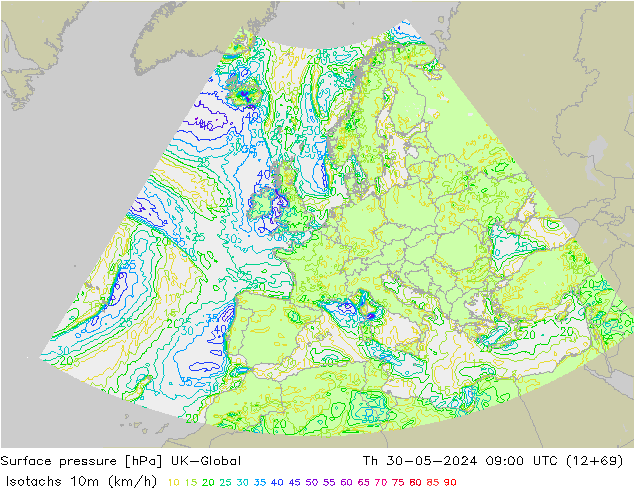 Izotacha (km/godz) UK-Global czw. 30.05.2024 09 UTC