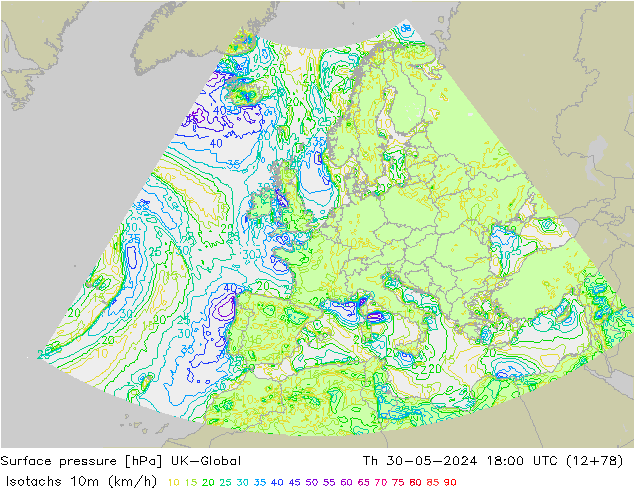 Isotachs (kph) UK-Global jeu 30.05.2024 18 UTC