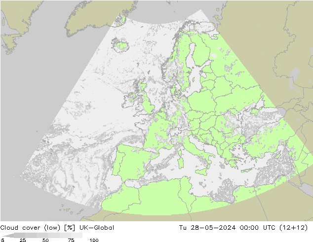 Cloud cover (low) UK-Global Tu 28.05.2024 00 UTC