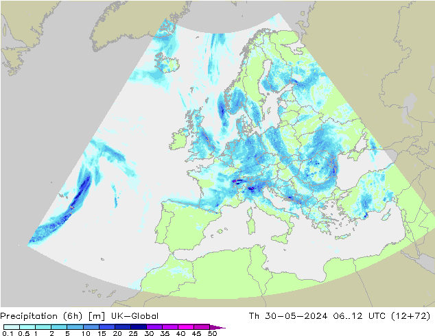 Totale neerslag (6h) UK-Global do 30.05.2024 12 UTC