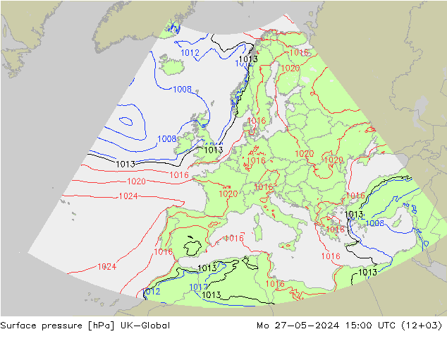 Surface pressure UK-Global Mo 27.05.2024 15 UTC