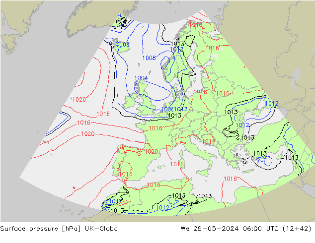 Surface pressure UK-Global We 29.05.2024 06 UTC