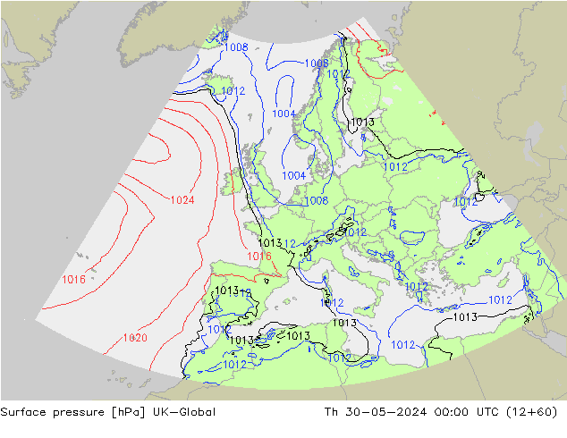 Pressione al suolo UK-Global gio 30.05.2024 00 UTC