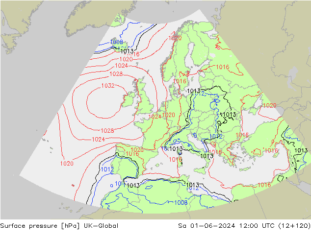 Pressione al suolo UK-Global sab 01.06.2024 12 UTC