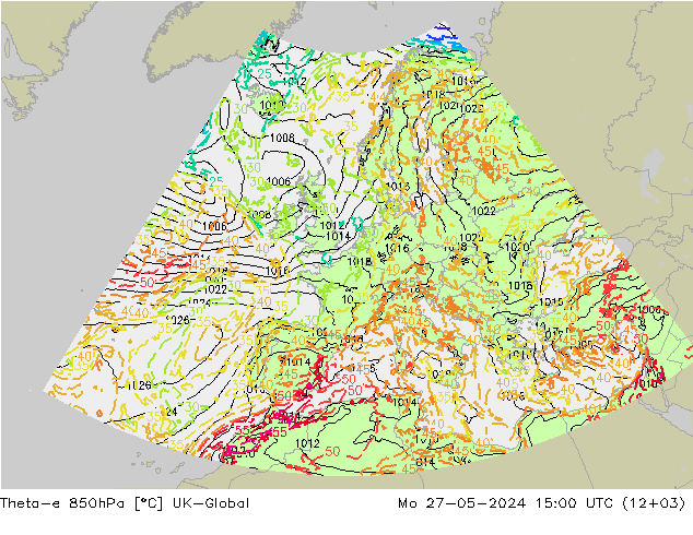 Theta-e 850hPa UK-Global Mo 27.05.2024 15 UTC