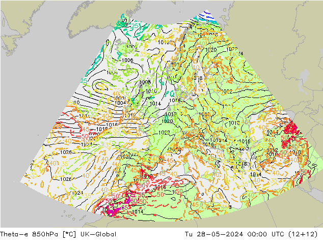 Theta-e 850hPa UK-Global mar 28.05.2024 00 UTC