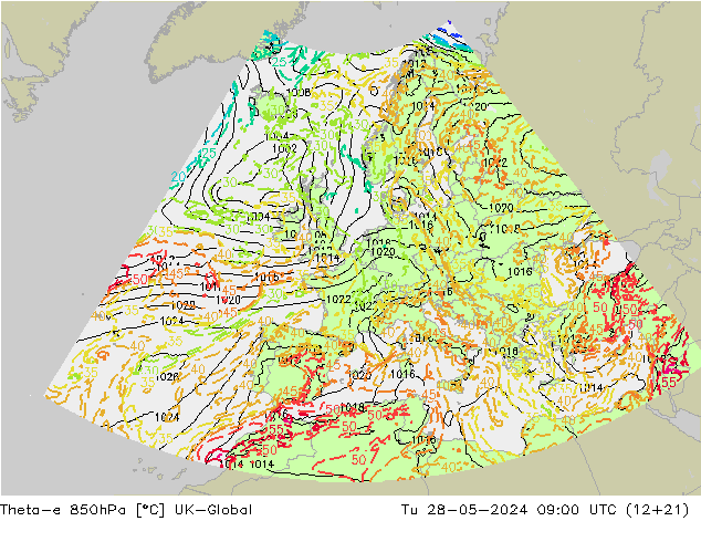 Theta-e 850hPa UK-Global  28.05.2024 09 UTC
