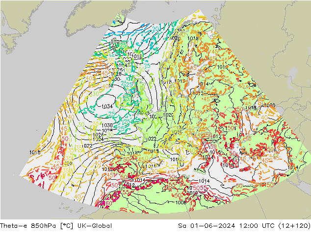 Theta-e 850hPa UK-Global Sa 01.06.2024 12 UTC