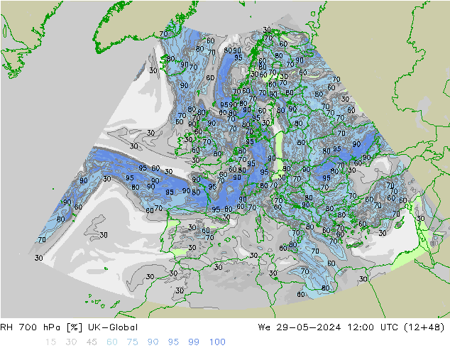 RH 700 hPa UK-Global We 29.05.2024 12 UTC