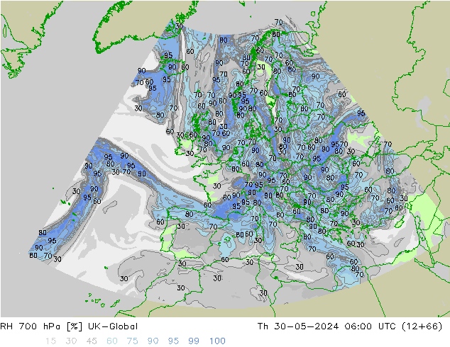 Humedad rel. 700hPa UK-Global jue 30.05.2024 06 UTC
