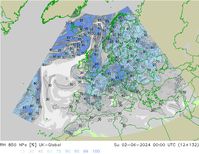 Humedad rel. 850hPa UK-Global dom 02.06.2024 00 UTC
