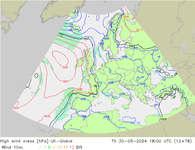 High wind areas UK-Global Th 30.05.2024 18 UTC