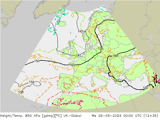 Height/Temp. 850 hPa UK-Global Mi 29.05.2024 00 UTC