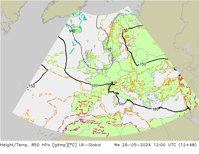 Géop./Temp. 850 hPa UK-Global mer 29.05.2024 12 UTC