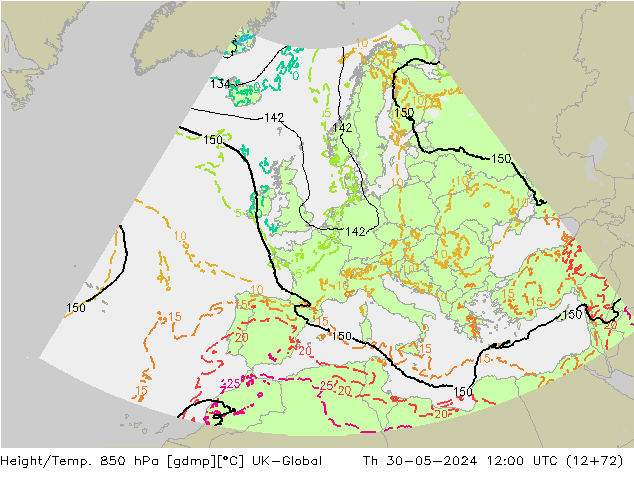 Hoogte/Temp. 850 hPa UK-Global do 30.05.2024 12 UTC