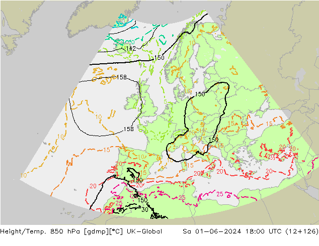 Height/Temp. 850 hPa UK-Global So 01.06.2024 18 UTC