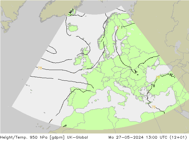 Height/Temp. 950 hPa UK-Global pon. 27.05.2024 13 UTC