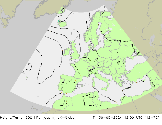 Height/Temp. 950 hPa UK-Global Th 30.05.2024 12 UTC