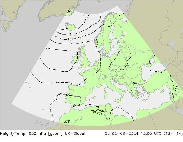 Height/Temp. 950 hPa UK-Global So 02.06.2024 12 UTC