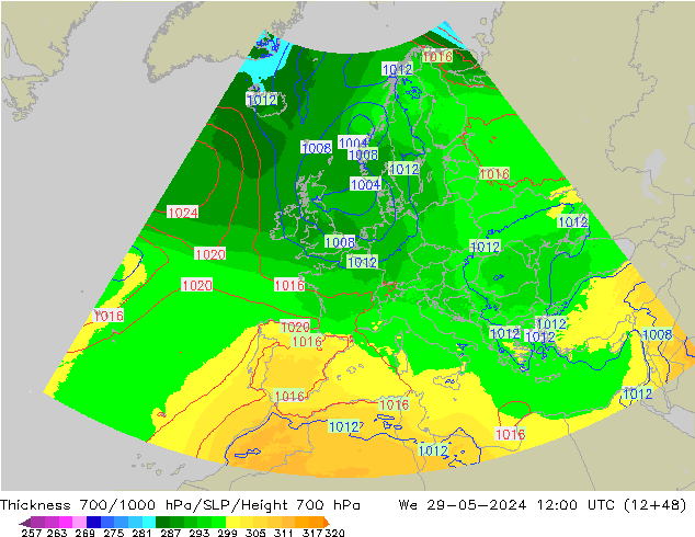Thck 700-1000 hPa UK-Global St 29.05.2024 12 UTC