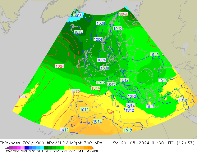 Thck 700-1000 hPa UK-Global We 29.05.2024 21 UTC