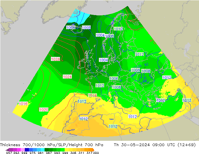Thck 700-1000 hPa UK-Global czw. 30.05.2024 09 UTC