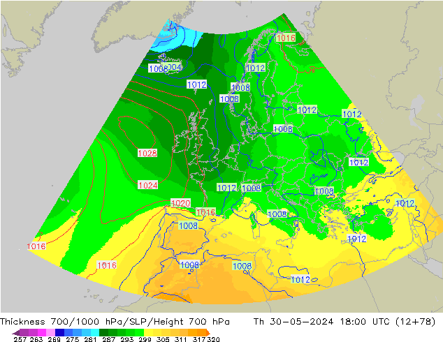 Thck 700-1000 hPa UK-Global  30.05.2024 18 UTC