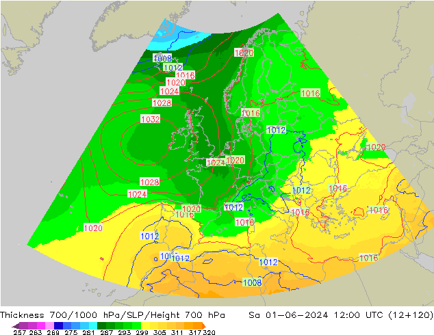 700-1000 hPa Kalınlığı UK-Global Cts 01.06.2024 12 UTC