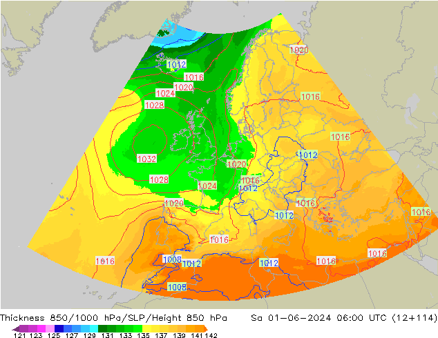Schichtdicke 850-1000 hPa UK-Global Sa 01.06.2024 06 UTC