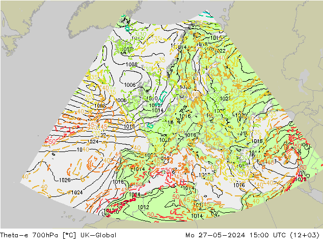 Theta-e 700гПа UK-Global пн 27.05.2024 15 UTC