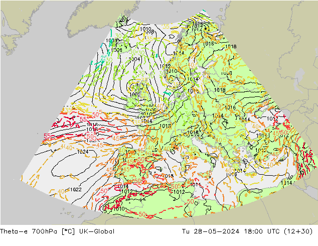 Theta-e 700hPa UK-Global Tu 28.05.2024 18 UTC