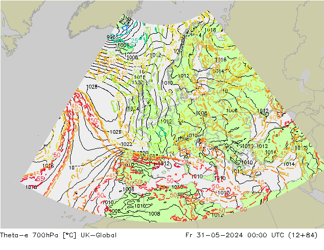 Theta-e 700hPa UK-Global Fr 31.05.2024 00 UTC