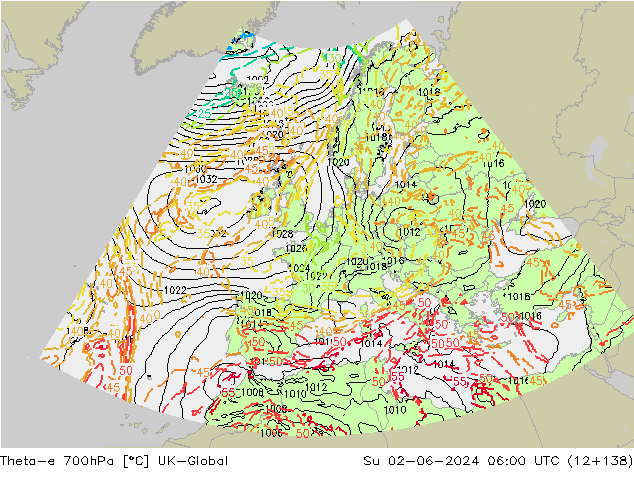 Theta-e 700hPa UK-Global Su 02.06.2024 06 UTC