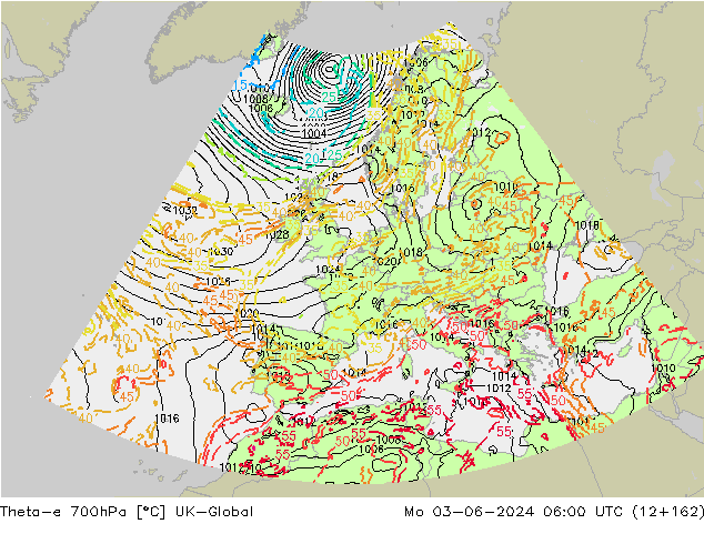 Theta-e 700hPa UK-Global Mo 03.06.2024 06 UTC