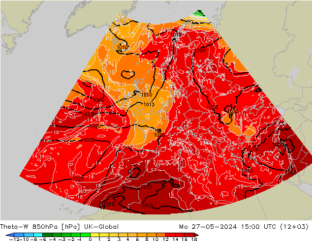 Theta-W 850hPa UK-Global 星期一 27.05.2024 15 UTC