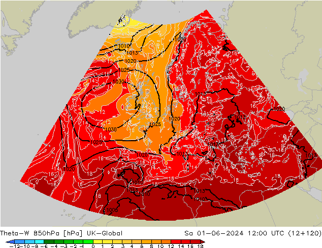 Theta-W 850hPa UK-Global za 01.06.2024 12 UTC