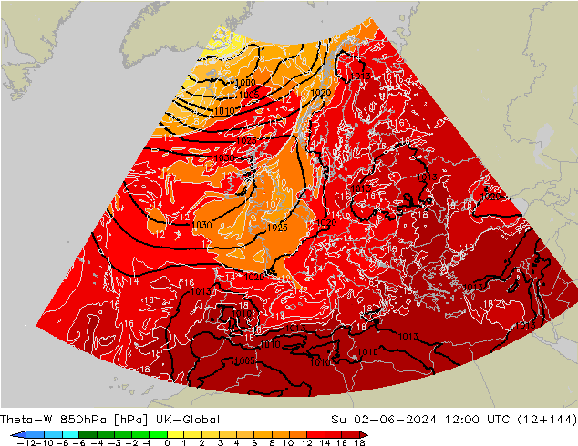 Theta-W 850hPa UK-Global Ne 02.06.2024 12 UTC