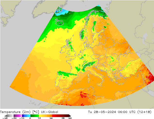 Temperature (2m) UK-Global Út 28.05.2024 06 UTC