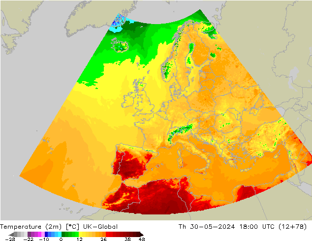 Temperature (2m) UK-Global Th 30.05.2024 18 UTC