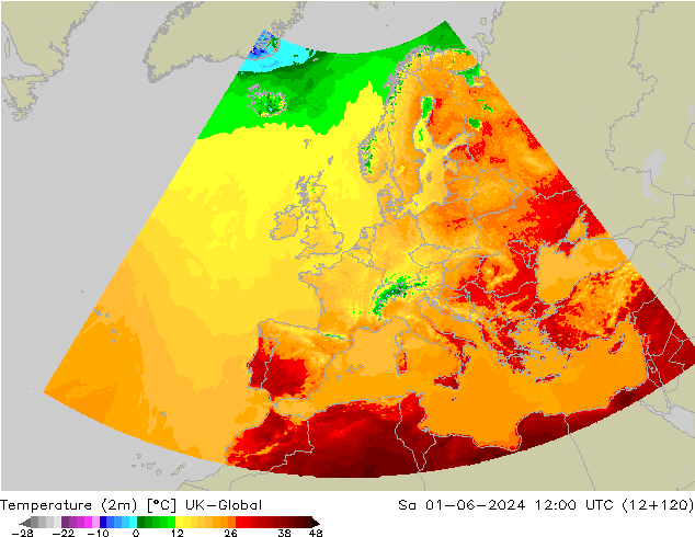 Sıcaklık Haritası (2m) UK-Global Cts 01.06.2024 12 UTC