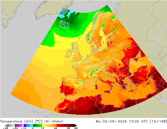 Temperature (2m) UK-Global Mo 03.06.2024 12 UTC