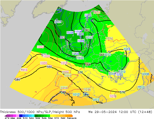 Schichtdicke 500-1000 hPa UK-Global Mi 29.05.2024 12 UTC