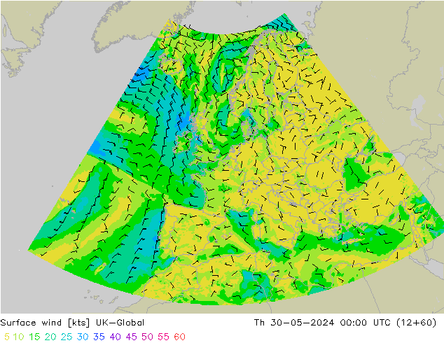 Surface wind UK-Global Čt 30.05.2024 00 UTC